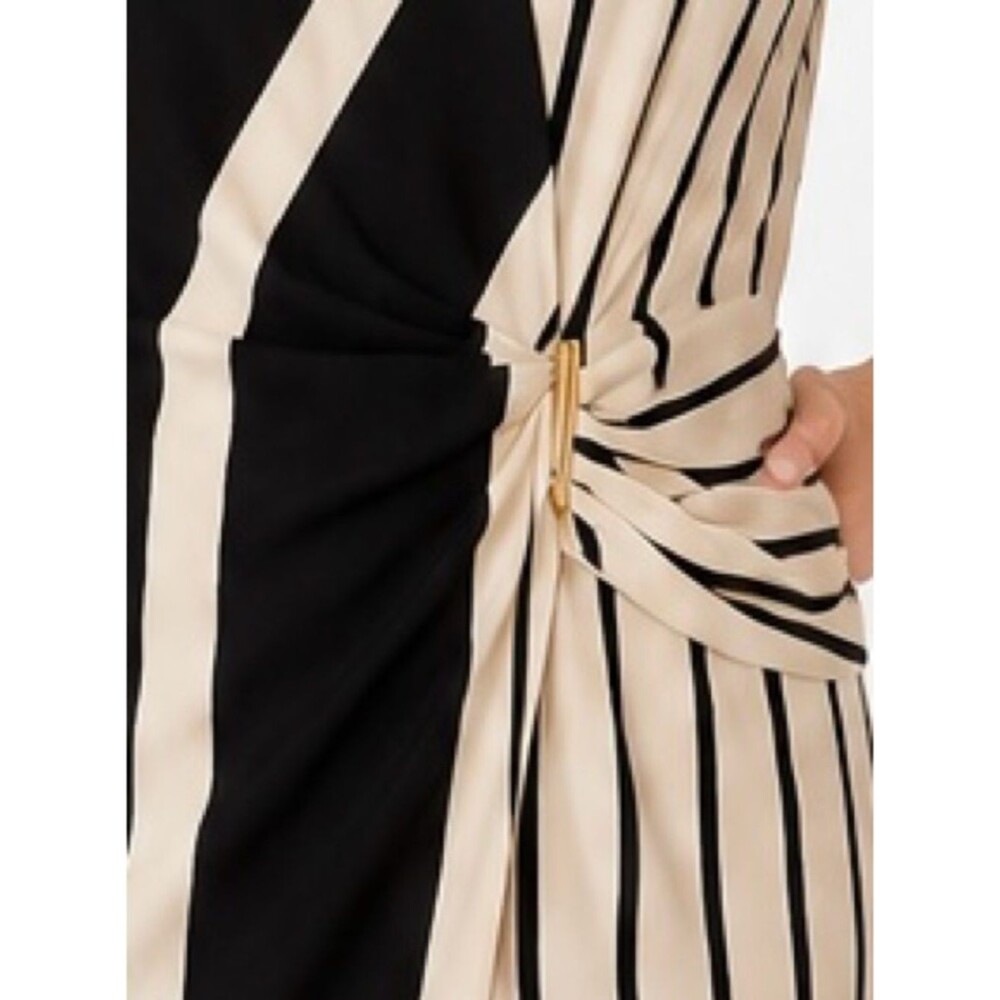 Donna Karan Striped Wrap Dress 10 Black Cream Gold Accent Midi Workwear Cocktail